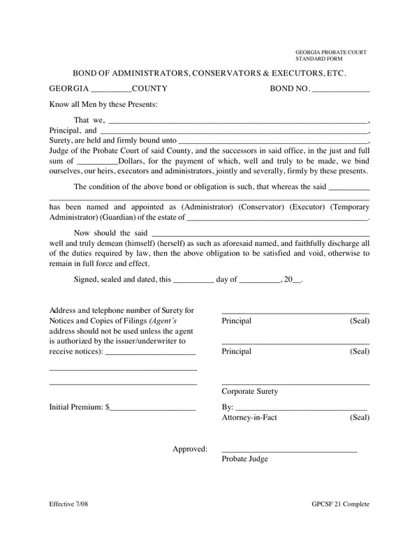 First page of Bond of Administrators, Conservators & Executors, Etc.