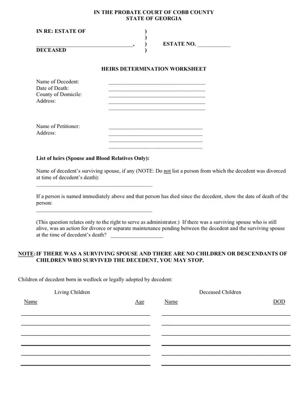 First page of Heirs Determination Worksheet
