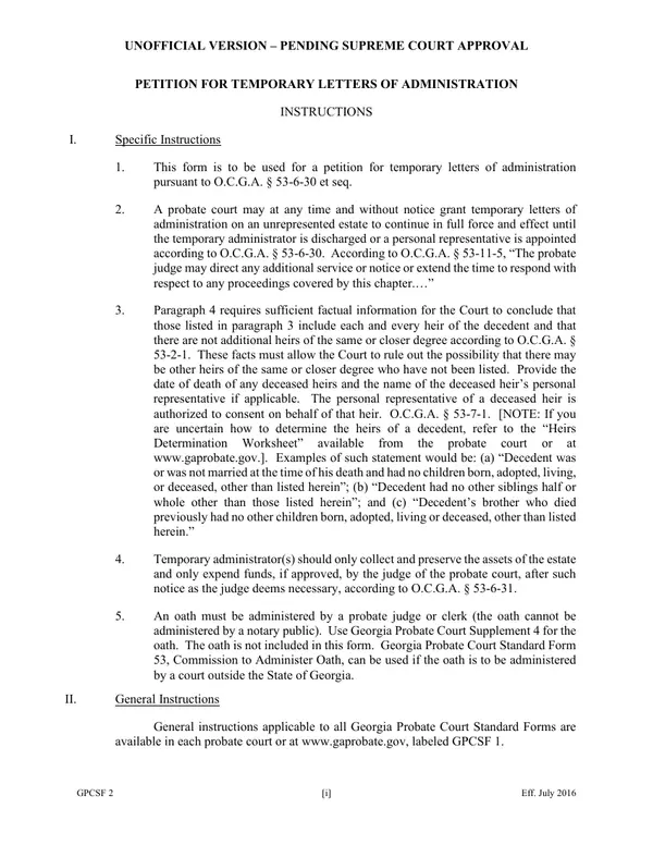 First page of Petition for Temporary Letters of Administration