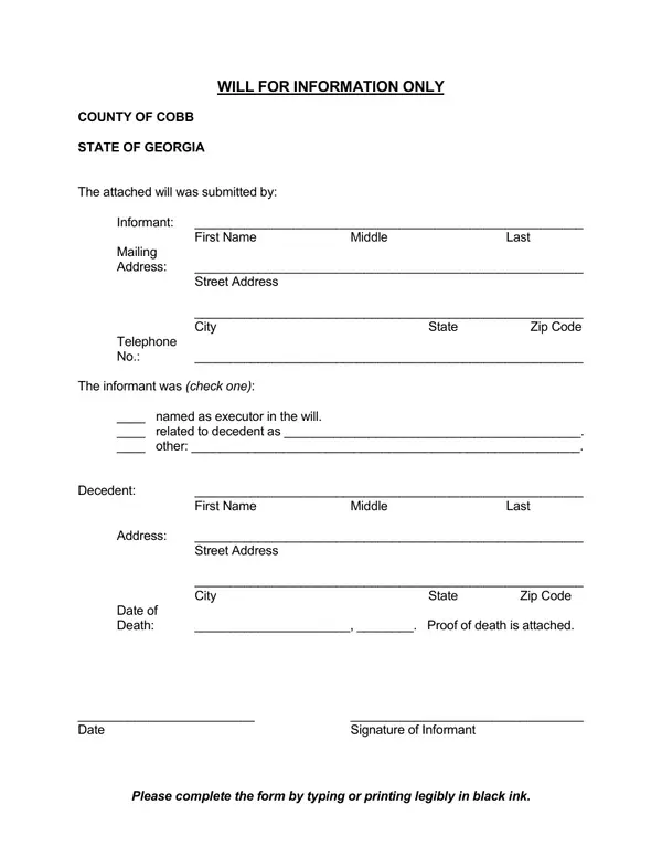 First page of Will for Information Only