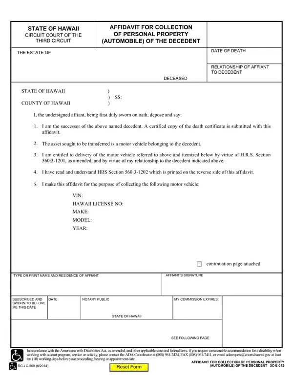First page of Affidavit for Collection of Personal Property (Automobile) of the Decedent