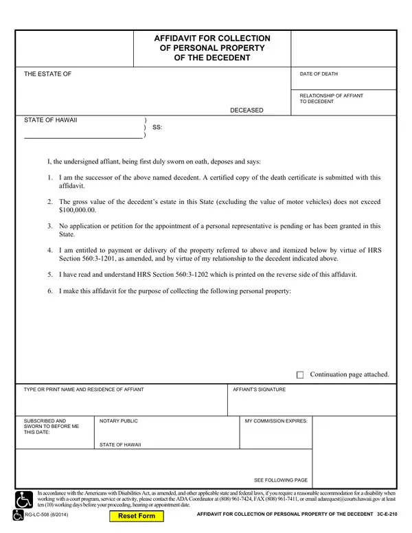 First page of Affidavit for Collection of Personal Property of the Decedent