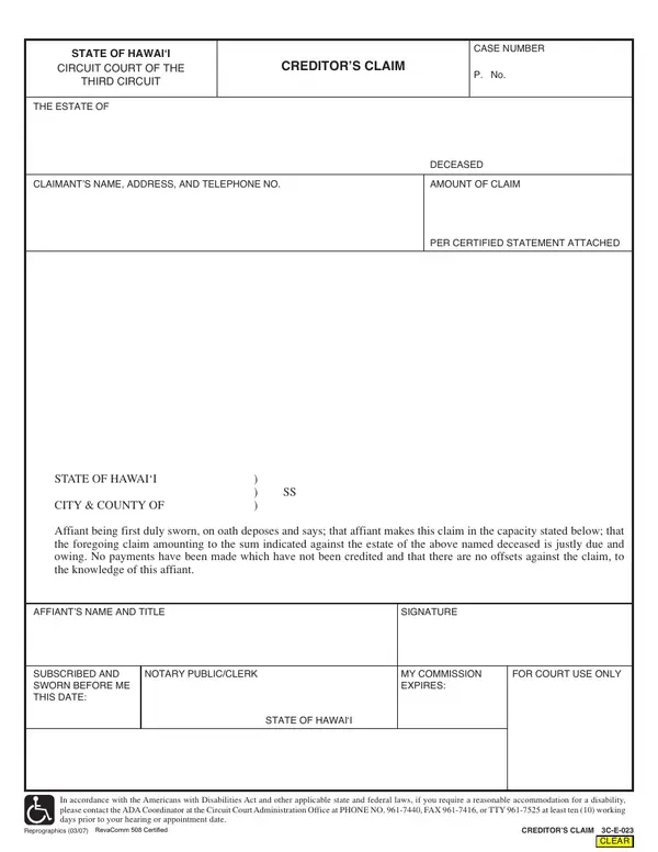 First page of Creditor's Claim