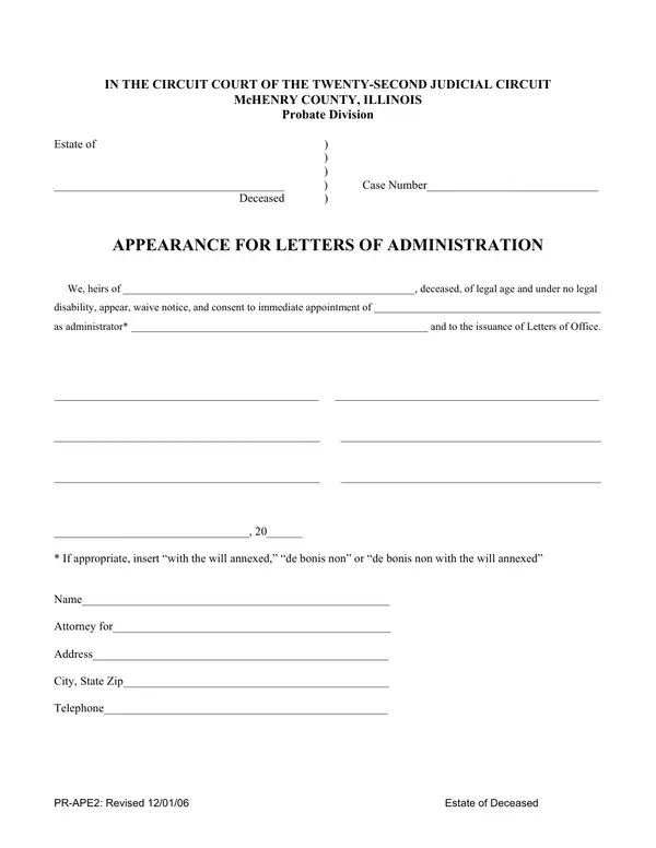 First page of Appearance for Letters of Administration