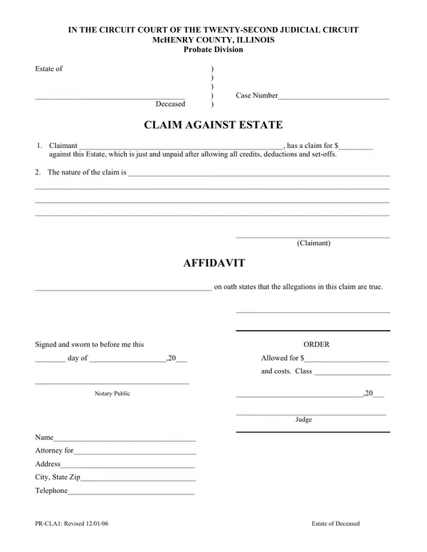 First page of Claim Against Estate