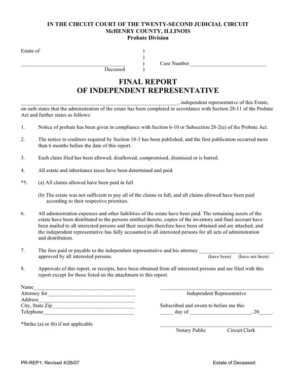First page of Final Report of Independent Representative