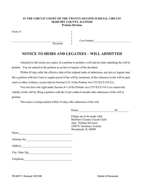 First page of Notice to Heirs and Legatees – Will Admitted