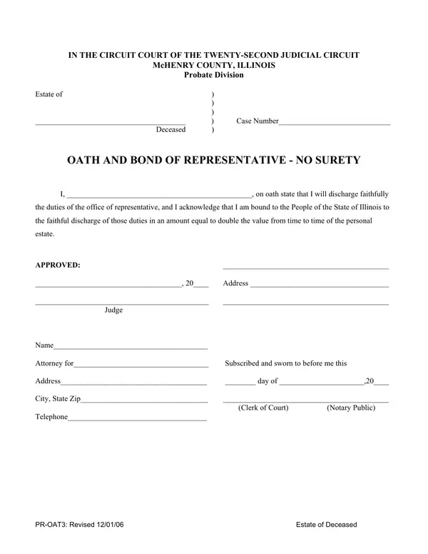 First page of Oath and Bond of Representative - No Surety