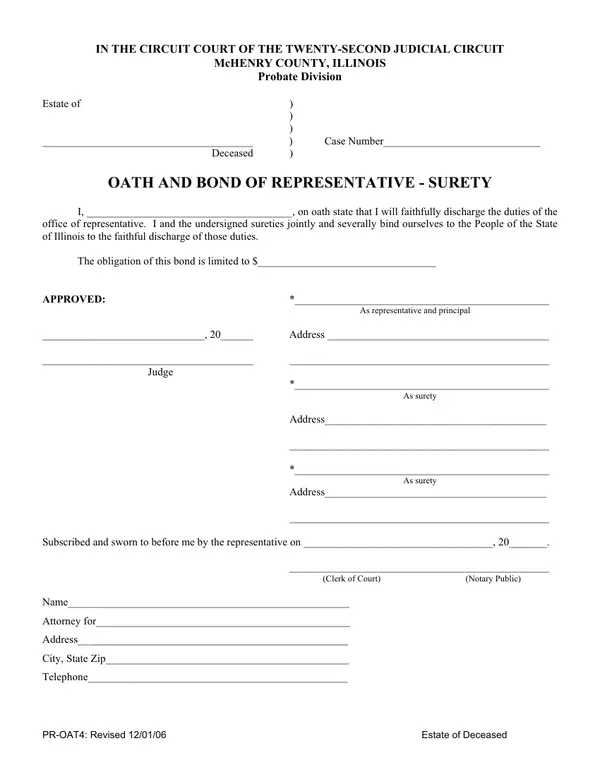 First page of Oath and Bond of Representative - Surety