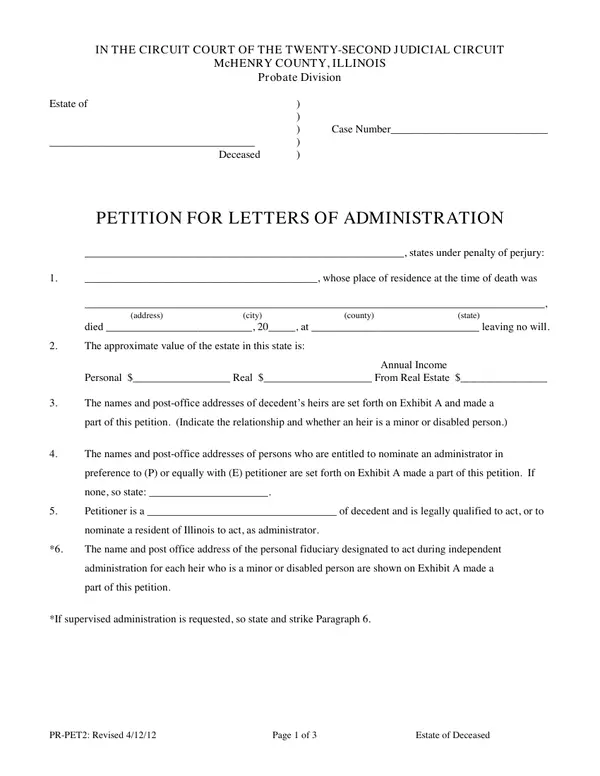First page of Petition for Letters of Administration