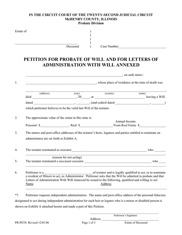 First page of Petition for Probate of Will and for Letters of Administration with Will Annexed