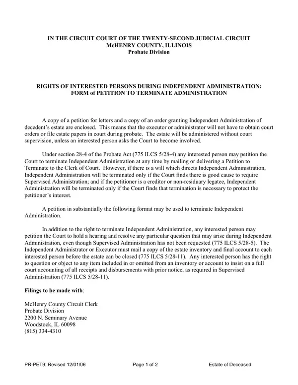 First page of Petition to Terminate Independent Administration
