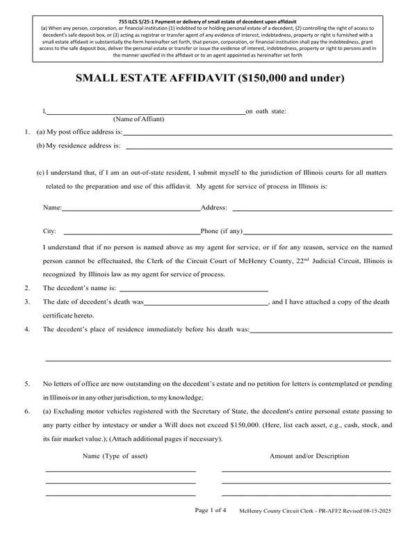 First page of SMALL ESTATE AFFIDAVIT ($150,000 and under)