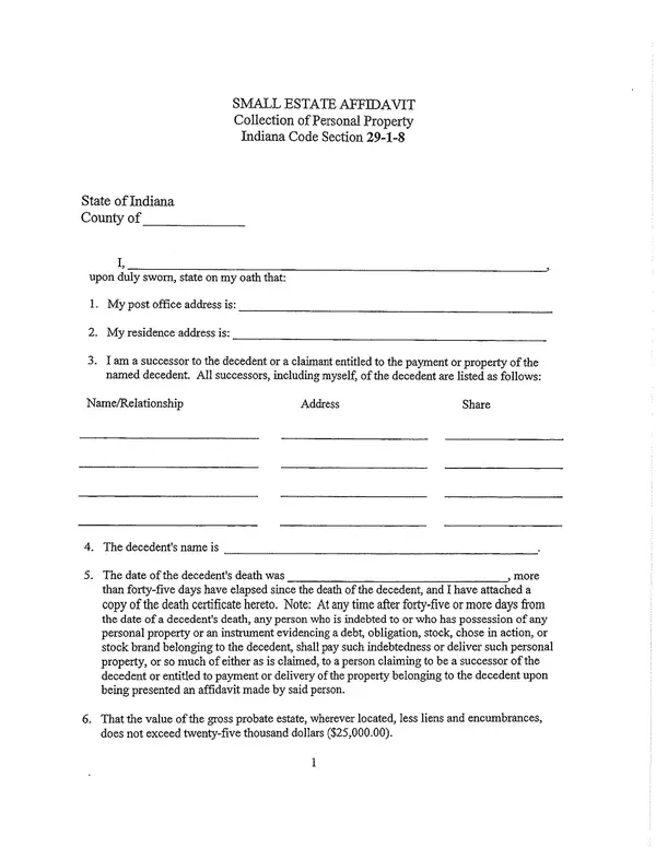 First page of SMALL ESTATE AFFIDAVIT – Collection of Personal Property