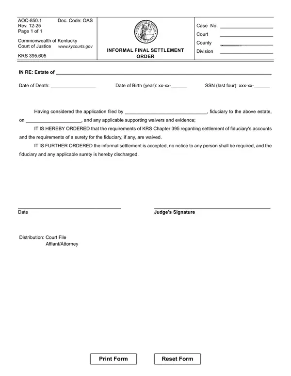 First page of Informal Final Settlement Order