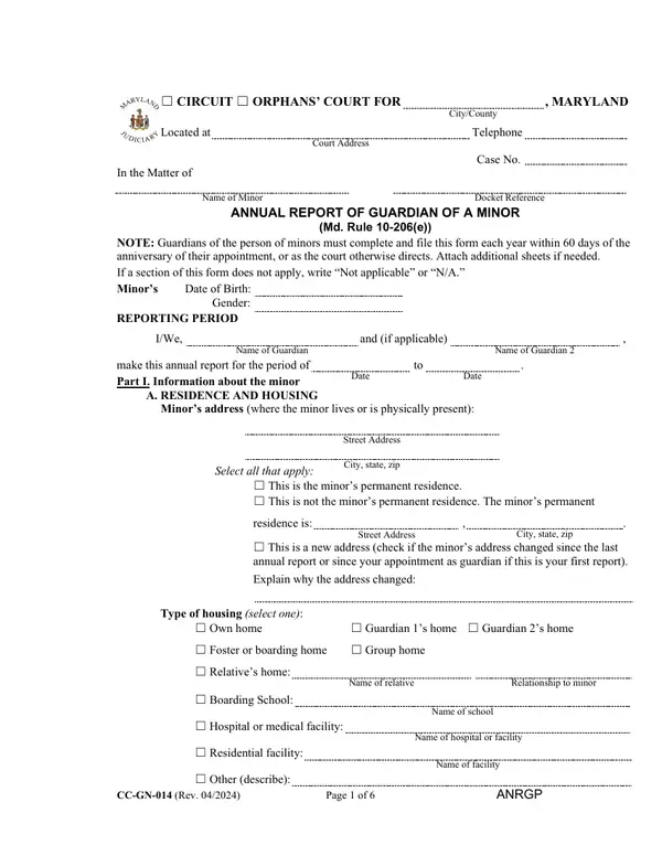 First page of Annual Report of Guardian of a Minor