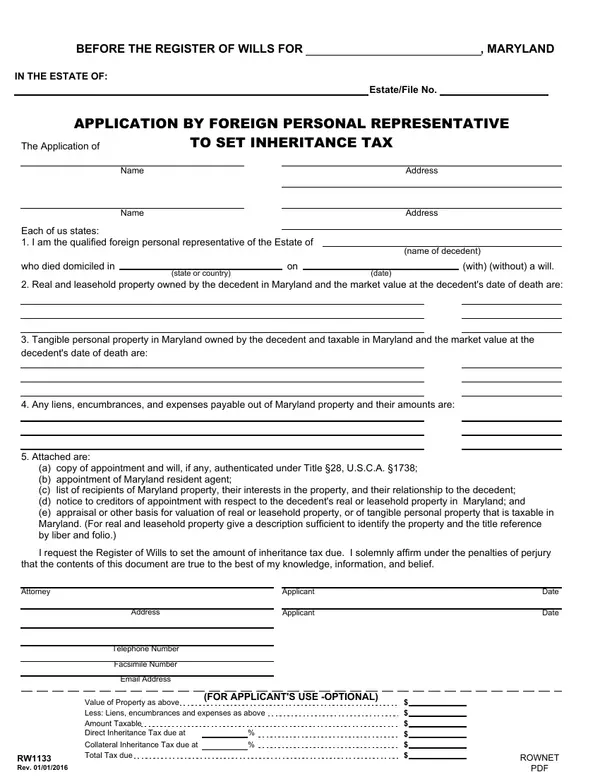 First page of Application by Foreign Personal Representative to Set Inheritance Tax