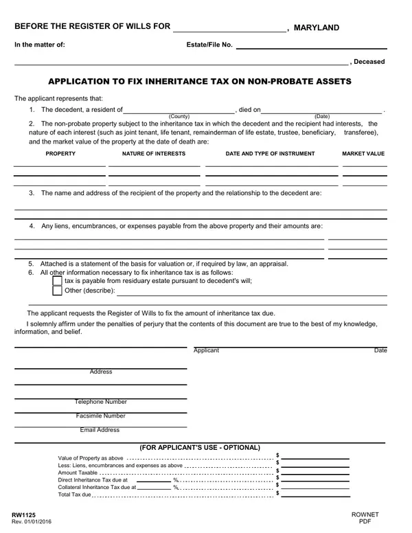 First page of Application to Fix Inheritance Tax on Non-probate Assets