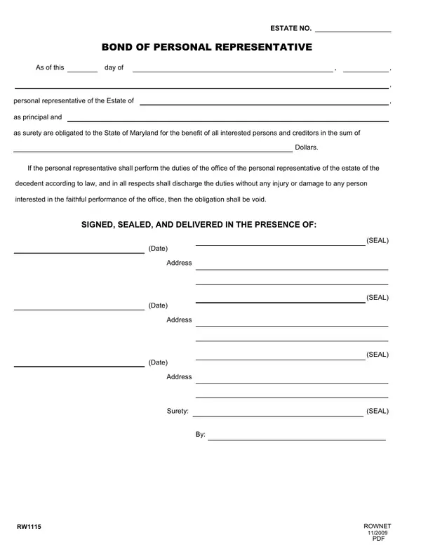 First page of Bond of Personal Representative