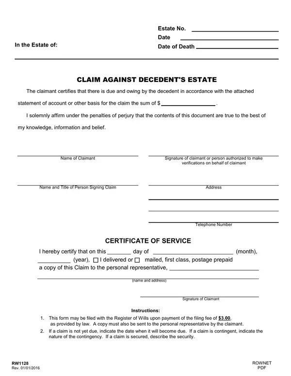 First page of Claim Against Decedent's Estate