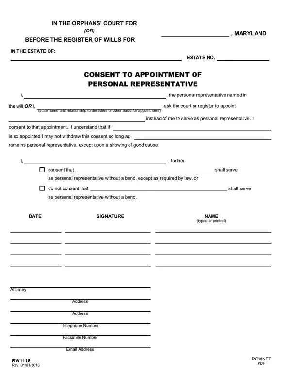 First page of Consent to Appointment of Personal Representative