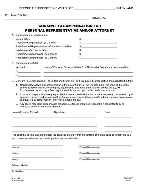 First page of Consent to Compensation for Personal Representative And/or Attorney