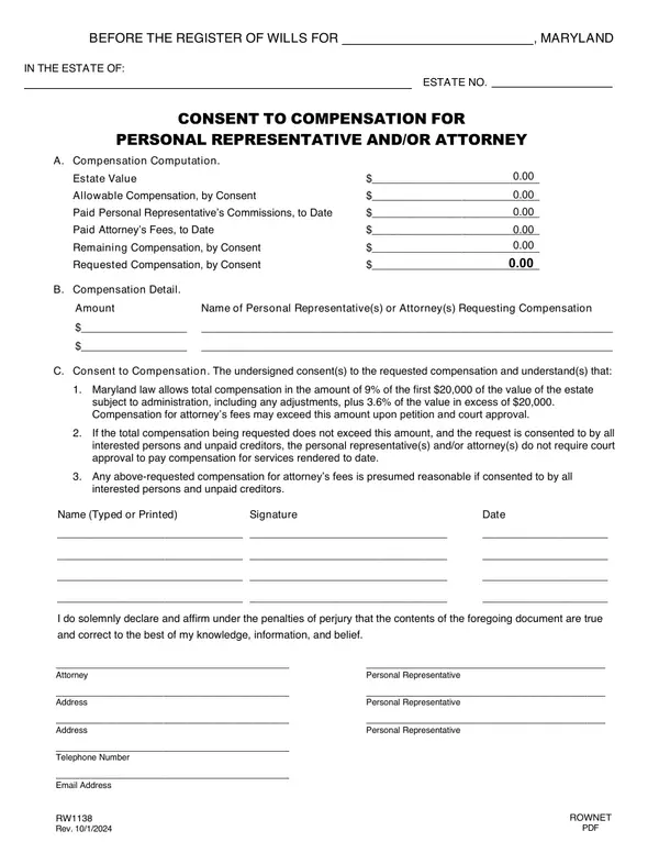 First page of Consent to Compensation for Personal Representative and/or Attorney