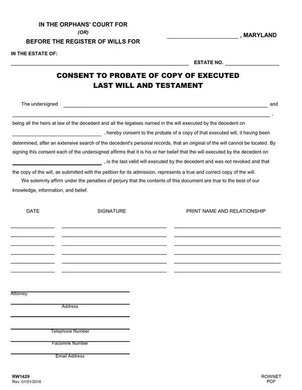First page of Consent to Probate of Copy of Executed Last Will and Testament