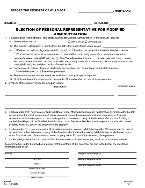 First page of Election of Personal Representative for Modified Administration