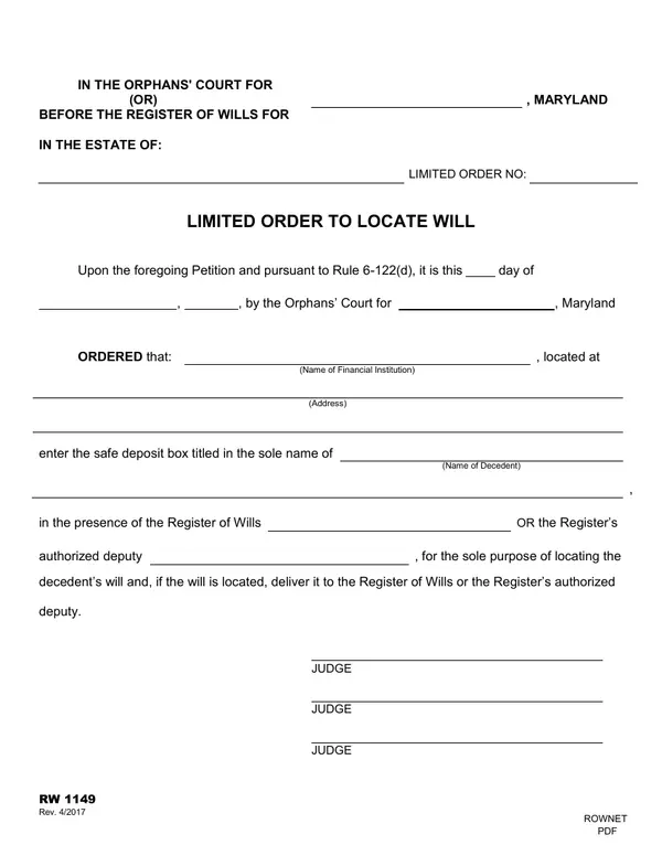 First page of Limited Order to Locate Will