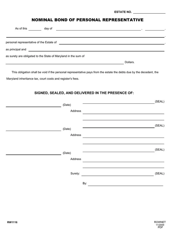 First page of Nominal Bond of Personal Representative