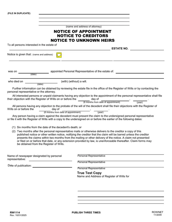 First page of Notice of Appointment, Notice to Creditors, Notice to Unknown Heirs