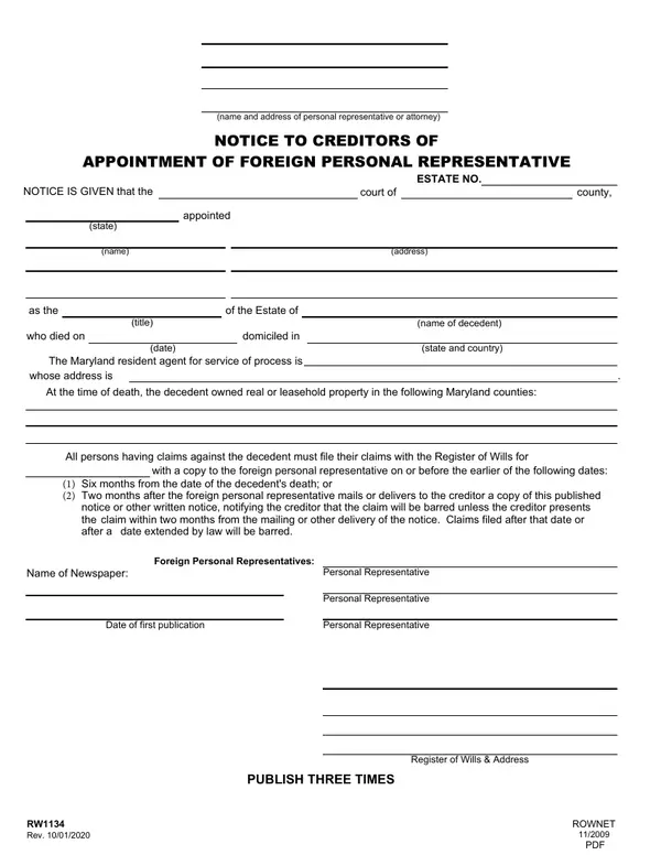 First page of Notice to Creditors of Appointment of Foreign Personal Representative