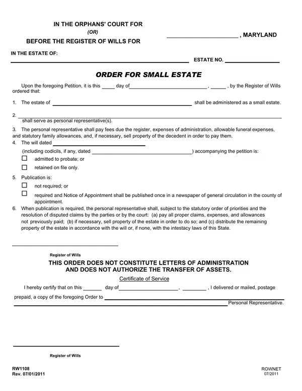 First page of Order for Small Estate