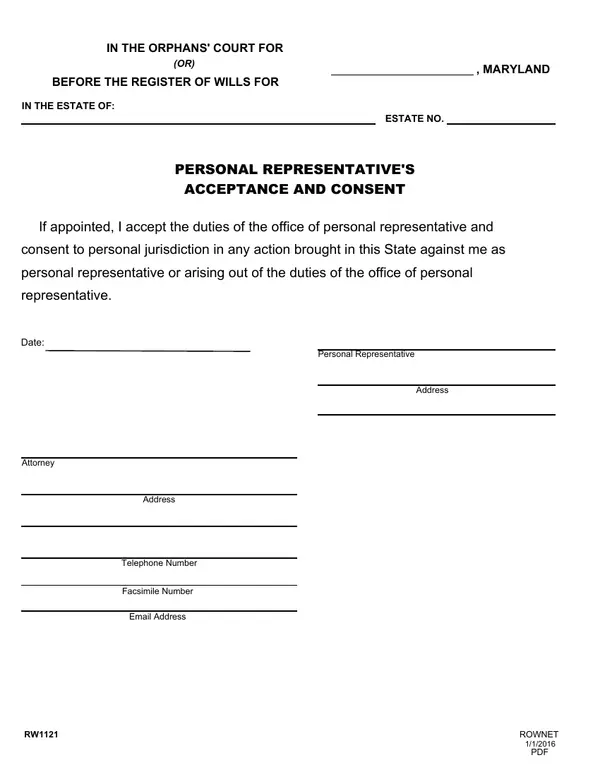 First page of Personal Representative's Acceptance and Consent