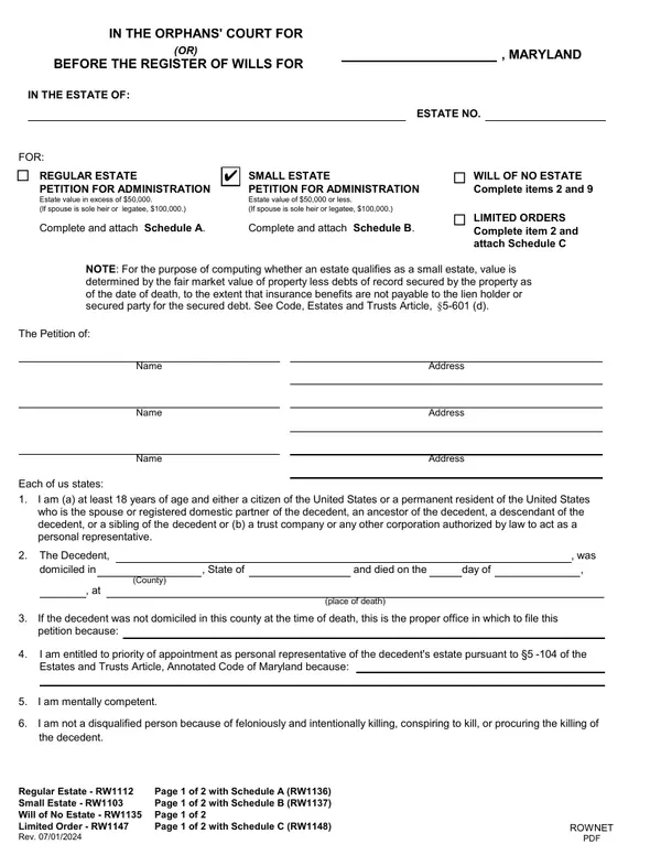 First page of Petition for Administration