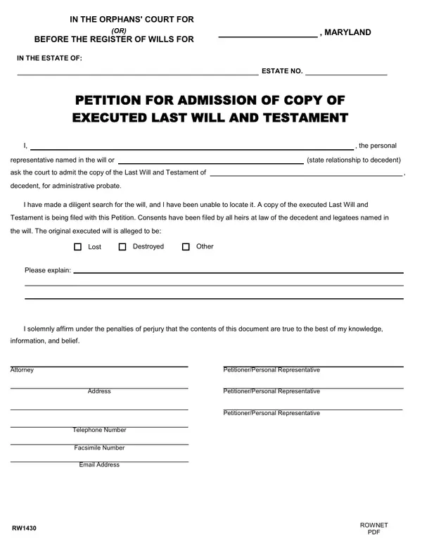First page of Petition for Admission of Copy of Executed Last Will and Testament