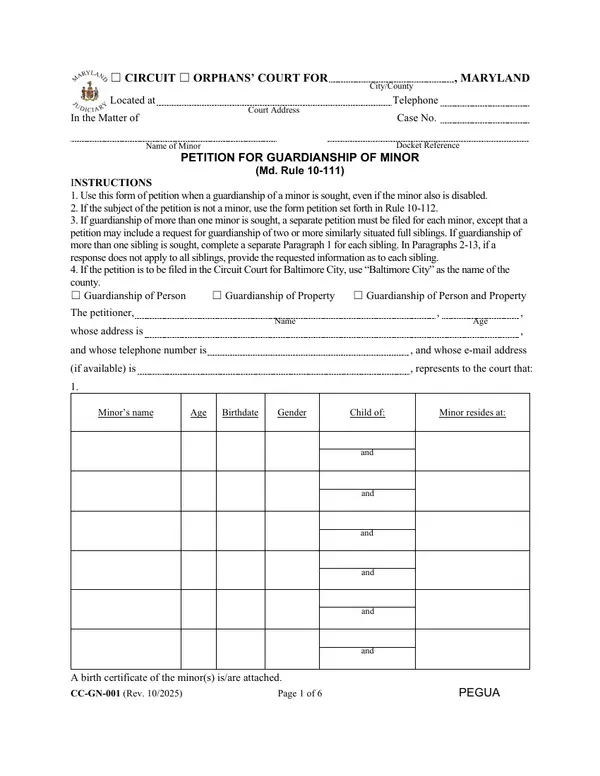 First page of Petition for Guardianship of Minor