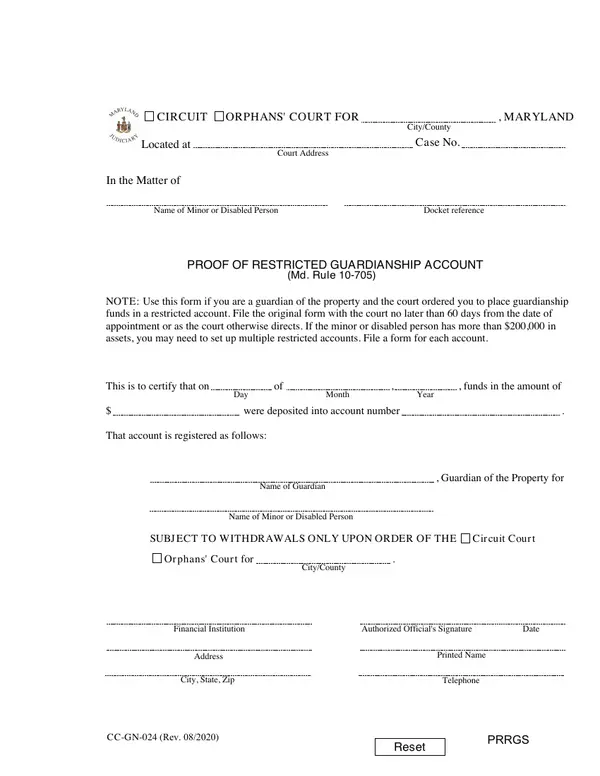 First page of Proof of Restricted Guardianship Account