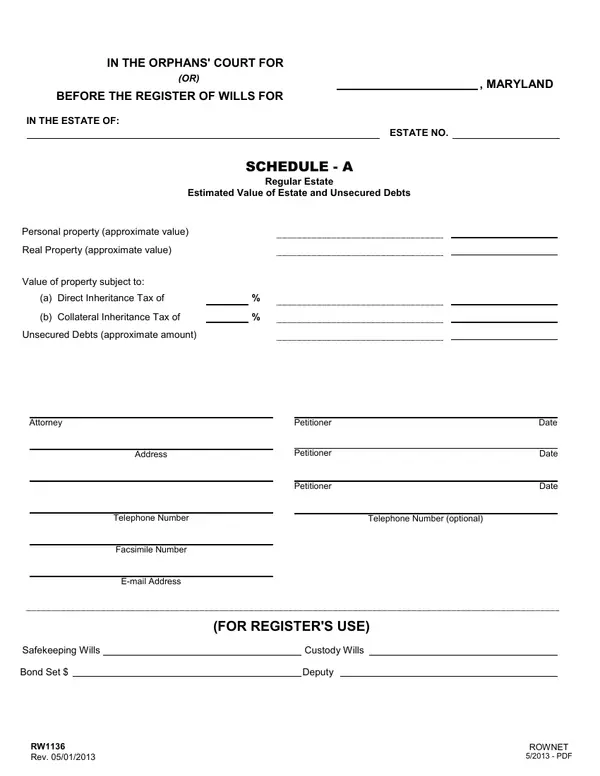 First page of Schedule - A: Regular Estate Estimated Value of Estate and Unsecured Debts