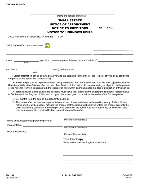 First page of Small Estate Notice of Appointment Notice to Creditors Notice to Unknown Heirs