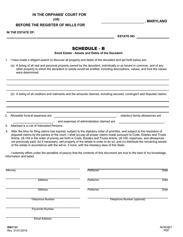 First page of SCHEDULE - B: Small Estate - Assets and Debts of the Decedent