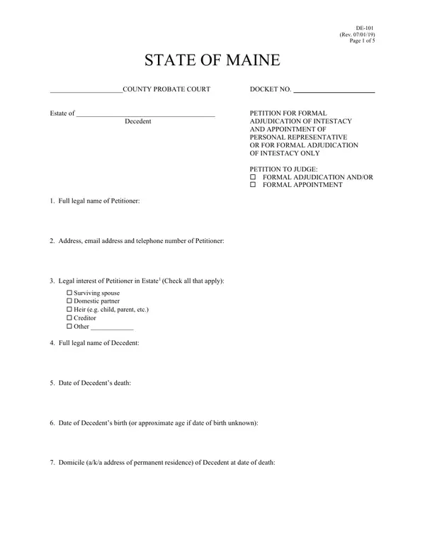 First page of Petition for Formal Adjudication of Intestacy and Appointment of Personal Representative or for Formal Adjudication of Intestacy Only