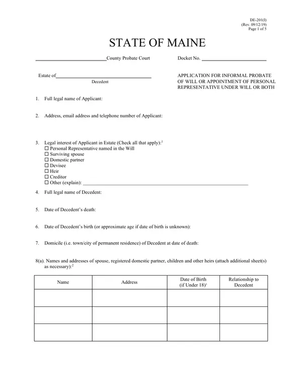 First page of Application for Informal Probate of Will or Appointment of Personal Representative Under Will or Both