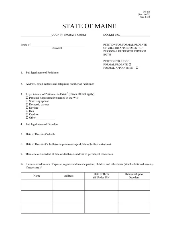 First page of Petition for Formal Probate of Will or Appointment of Personal Representative or Both