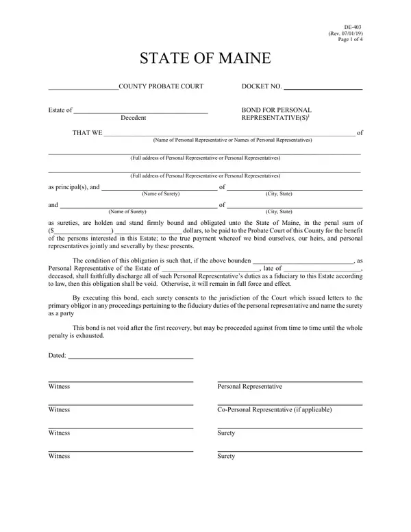 First page of Bond for Personal Representative(s)
