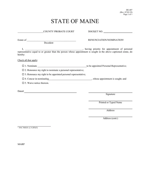First page of Renunciation/Nomination