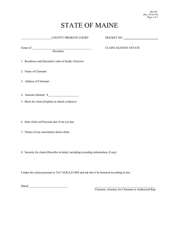 First page of Claim Against Estate