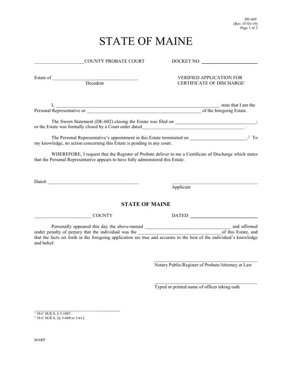 First page of Verified Application for Certificate of Discharge