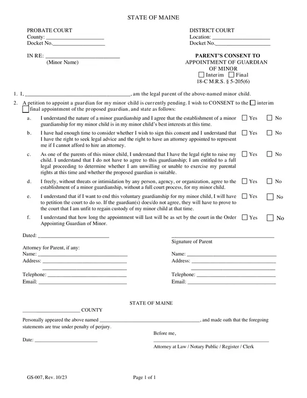 First page of Parent's Consent to Appointment of Guardian of Minor